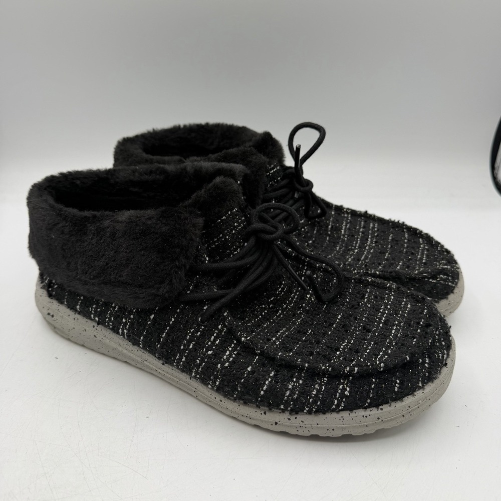 Hey Dude Britt Boucle Shoes Womens Sz 10 Black/Grey Lined Booties 121774780